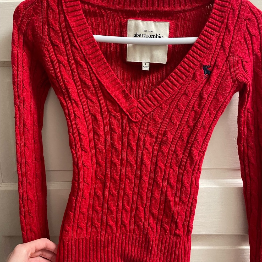 Abercrombie Kid’s (or Women’s XS) Red Cable Knit V-Neck Sweater